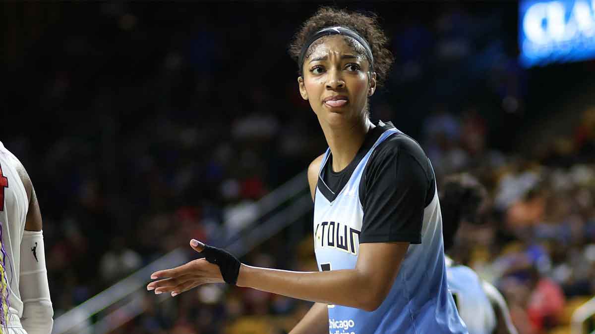 Chicago Sky forward Angel Reese (5) looks on during the first half against the Washington Mystics at EagleBank Arena.