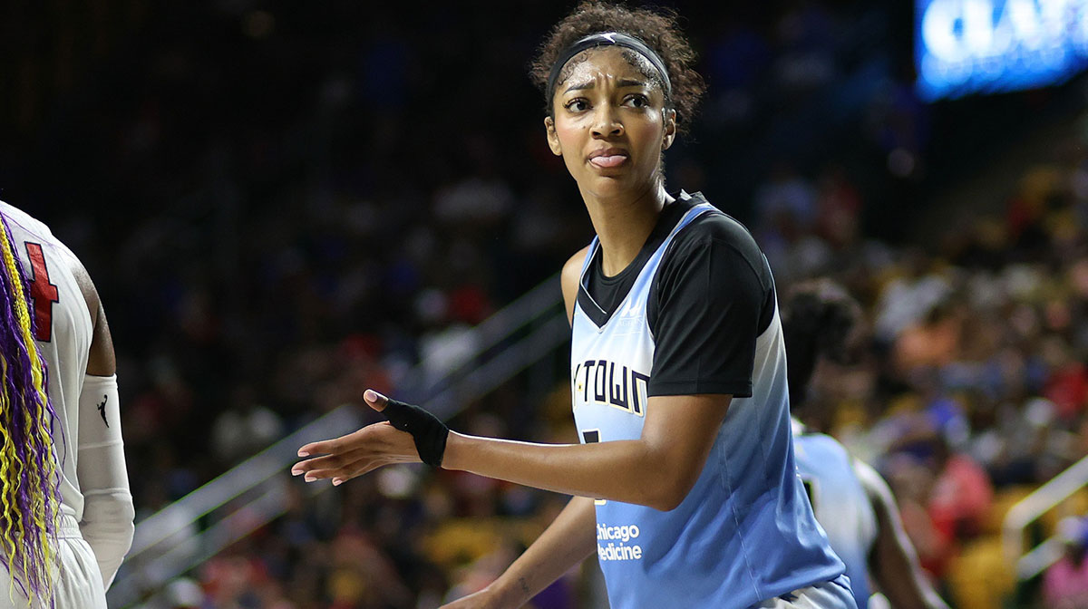 Chicago Sky forward Angel Reese (5) looks on during the first half against the Washington Mystics at EagleBank Arena.
