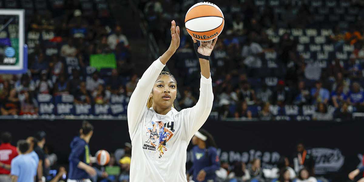 Chicago Sky forward Angel Reese (5) warms up before a WNBA game against the Dallas Wings at Wintrust Arena.