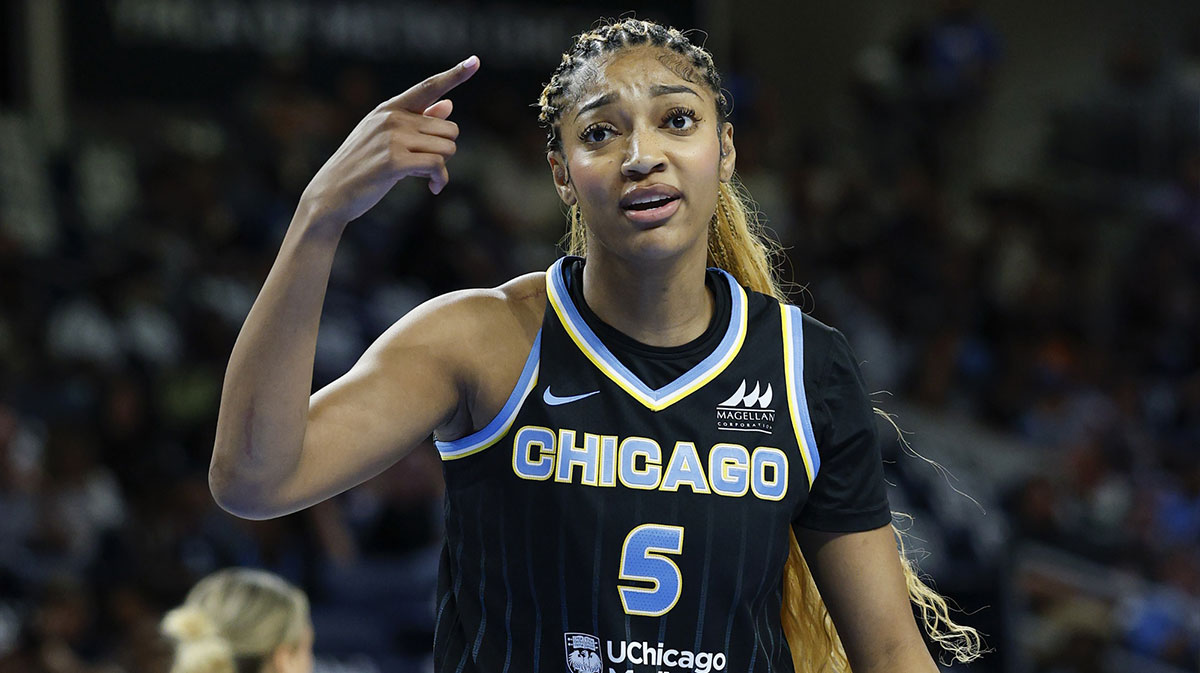 Chicago Sky forward Angel Reese (5) reacts during the first half of a WNBA game against the Dallas Wings at Wintrust Arena.