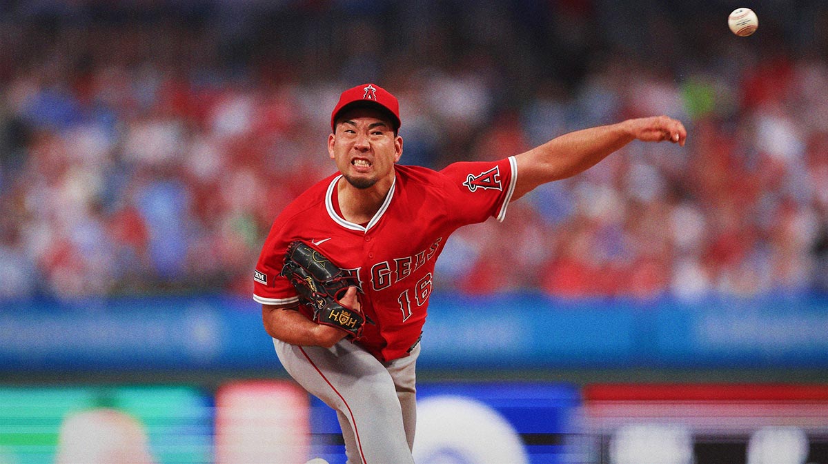 Jul 19, 2025; Philadelphia, Pennsylvania, USA; Losduring the fourth inning against the Philadelphia Phillies Angeles Angels pitcher Yusei Kikuchi (16) throws a pitch at Citizens Bank Park. Mandatory Credit: Bill Streicher-Imagn Images
