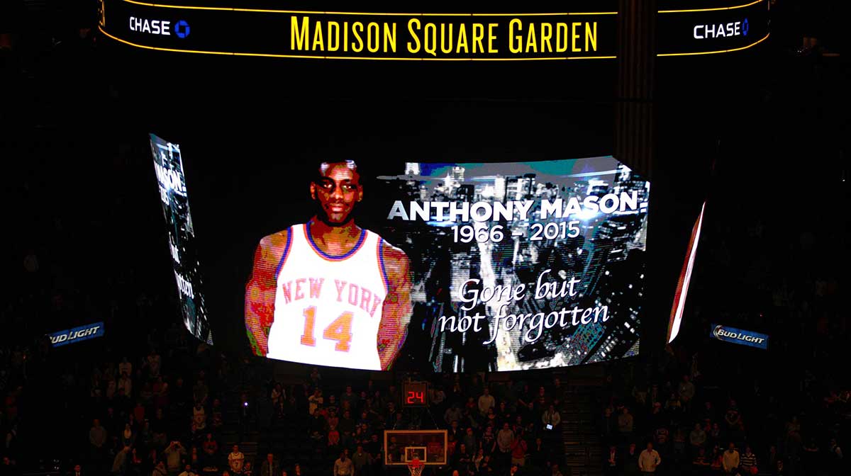 New York Knicks former player Anthony Mason, who died today, is honored with a moment of silence at Madison Square Garden before a game between the New York Knicks and the Toronto Raptors.