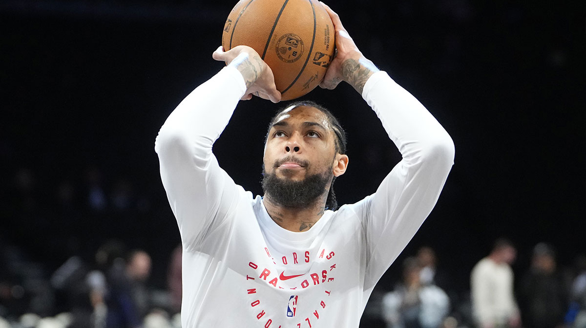 Toronto Raptors small forward Brandon Ingram (3) warms up prior to the game against the Brooklyn Nets at Barclays Center. Mandatory Credit: Gregory Fisher-Imagn Images