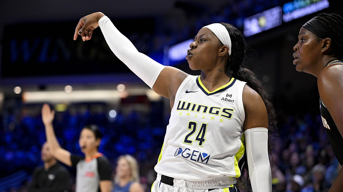 Dallas Wings guard Arike Ogunbowale (24) follows through on a shot against the New York Liberty during the first half at College Park Center.