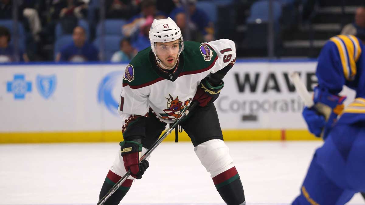 Arizona Coyotes defenseman Dysin Mayo (61) waits for the face-off during the third period against the Buffalo Sabres at KeyBank Center.
