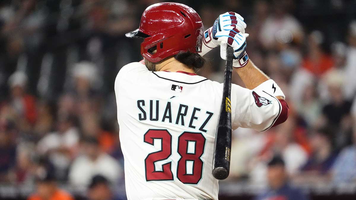 Arizona Diamondbacks' Eugenio Suarez bats against the Houston Astros in the first inning at Chase Field in Phoenix on July 23, 2025.