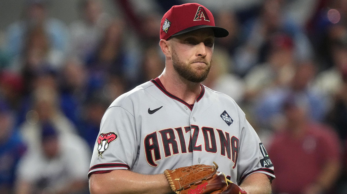 Arizona Diamondbacks starting pitcher Merrill Kelly (29) looks on against the Texas Rangers during the first inning in game two of the 2023 World Series at Globe Life Field on Oct. 28, 2023, Arlington, Texas.