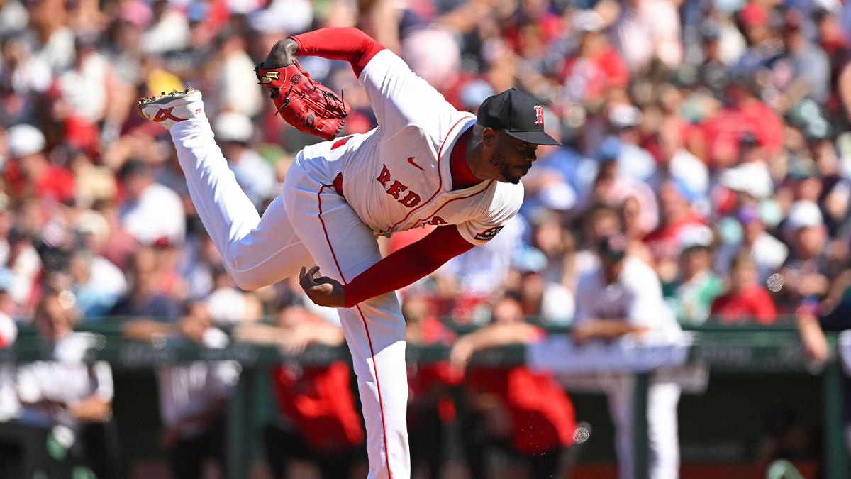 Massachusetts, USA; Boston Red Sox pitcher Aroldis Chapman (44) pitches against the Tampa Bay Rays during the ninth inning at Fenway Park.
