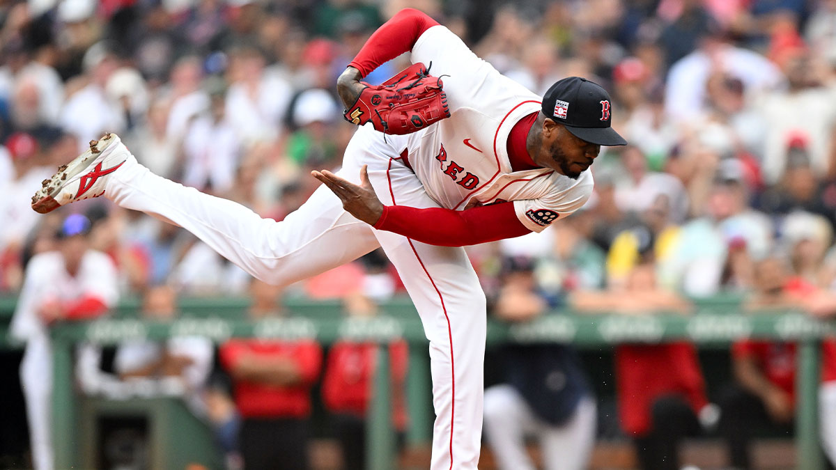 Boston Red Sox relief pitcher Aroldis Chapman (44) pitches against the Los Angeles Dodgers during the eighth inning at Fenway Park.