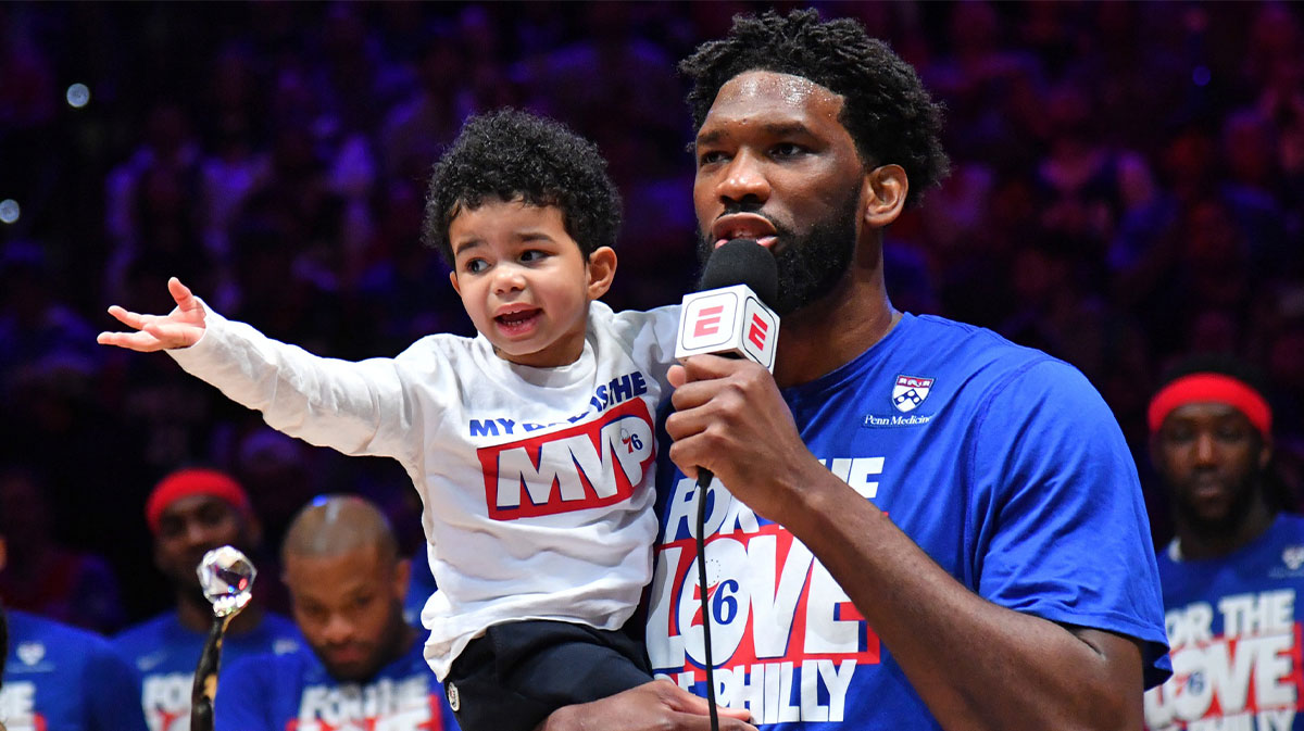 NBA Philadelphia 76ers center Joel Embiid (21) with thos son Arthur during the MVP trophy presentation before game three of the 2023 NBA playoffs against the Boston Celtics at Wells Fargo Center.