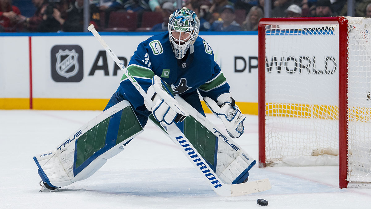 Vancouver Canucks goalie Arturs Silovs (31) handles the puck against the Chicago Blackhawks in the second period at Rogers Arena.
