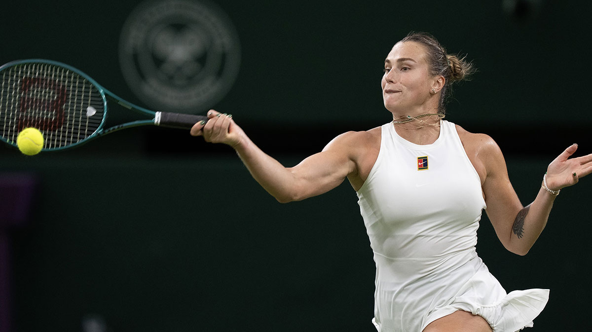 Aryna Sabalenka returns a shot during her match against Emma Raducanu of Great Britain on day five at the All England Lawn Tennis and Croquet Club.