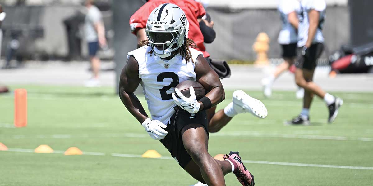 Jun 10, 2025; Henderson, NV, USA; Las Vegas Raiders running back Ashton Jeanty (2) runs through a drill during Las Vegas Raiders Minicamp at Intermountain Health Performance Center.