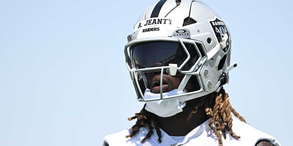 Jun 11, 2025; Henderson, NV, USA; Las Vegas Raiders running back Ashton Jeanty (2) looks on between drills during Las Vegas Raiders Minicamp at Intermountain Health Performance Center. Mandatory Credit: Candice Ward-Imagn Images