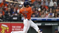 Houston Astros shortstop Jeremy Pena (3) bats in the second inning against the Chicago Cubs at Daikin Park.