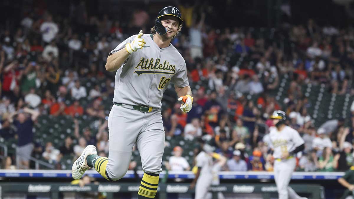 Athletics designated hitter Nick Kurtz (16) celebrates after hitting his fourth home run of the game during the ninth inning against the Houston Astros at Daikin Park.