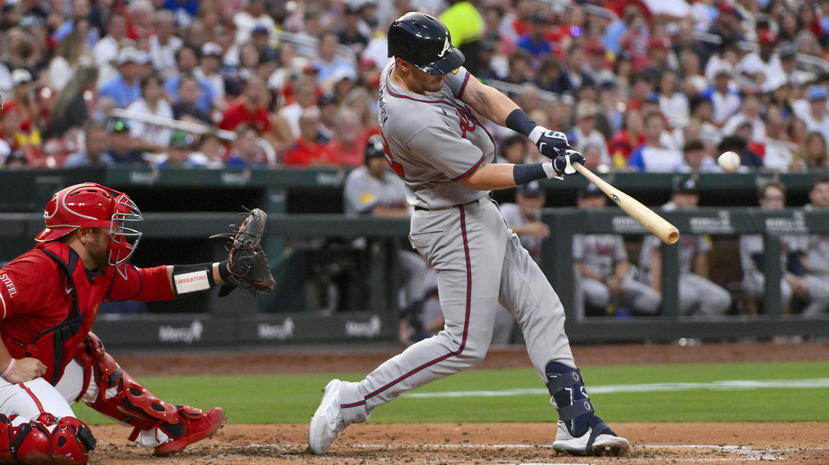 Atlanta Braves designated hitter Sean Murphy (12) hits a solo home run against the St. Louis Cardinals during the third inning at Busch Stadium. Acuna Jr.
