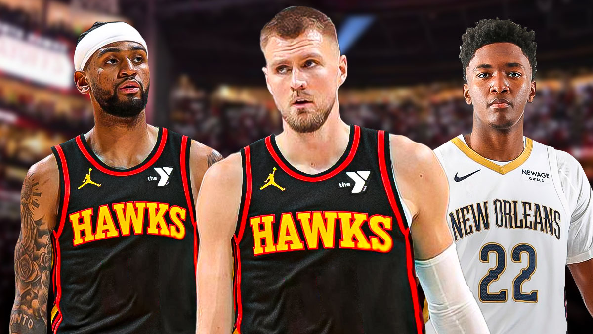 Hawks' Kristaps Porzingis, Nickeil Alexander-Walker smiling, with Derik Queen (in Pelicans uniform) beside them