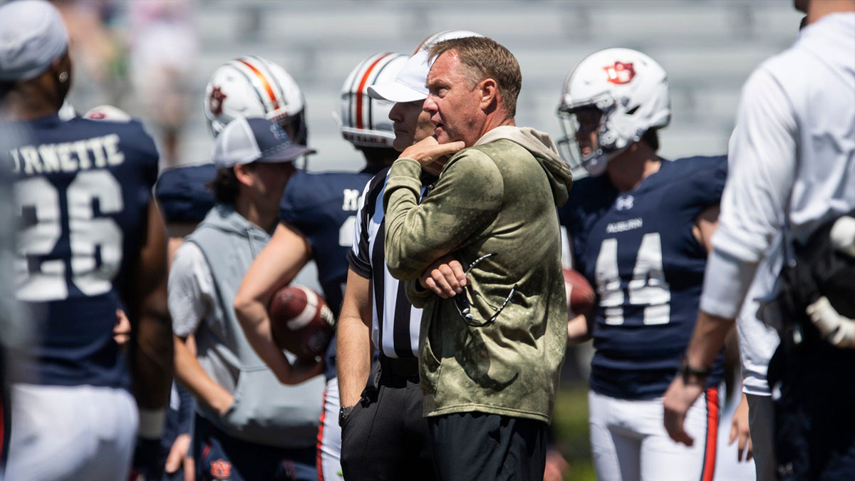 Auburn Tigers head coach Hugh Freeze watches on during Auburn Tigers A-Day football practice at Jordan-Hare Stadium in Auburn.