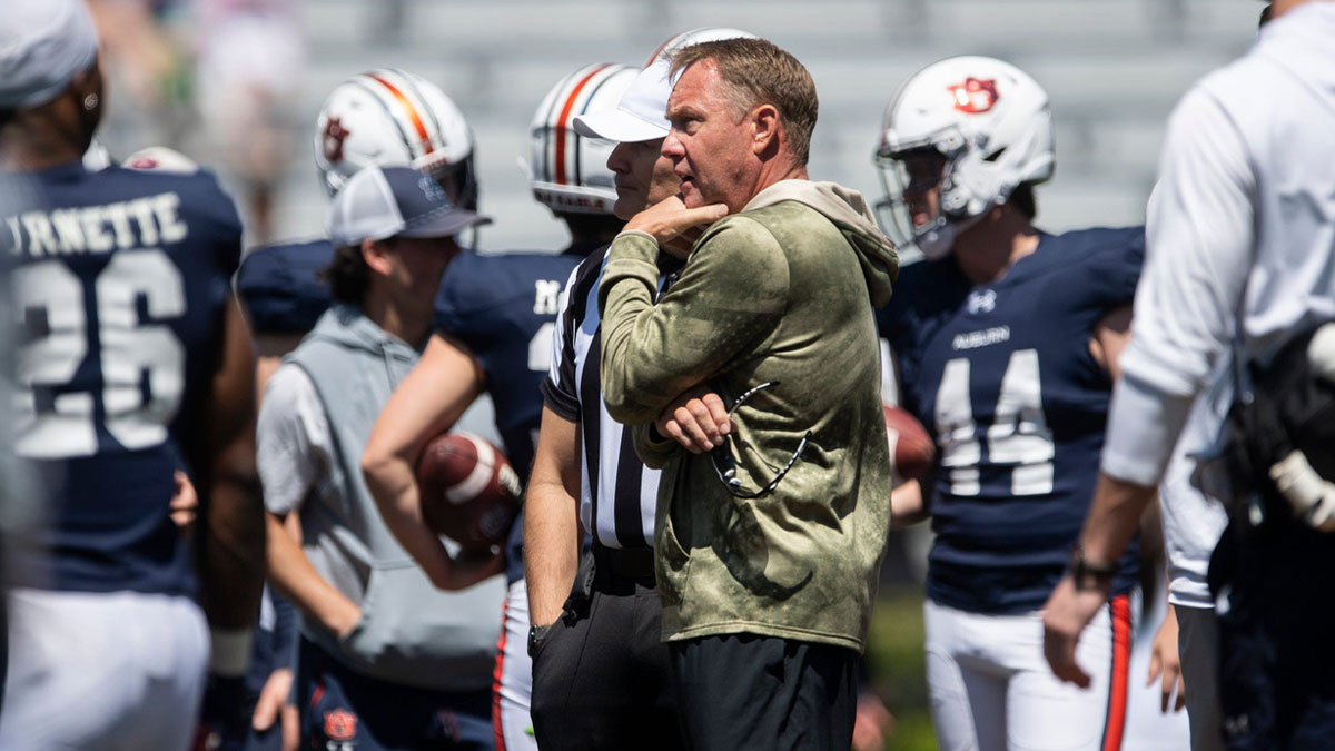 Auburn Tigers head coach Hugh Freeze watches on during Auburn Tigers A-Day football practice at Jordan-Hare Stadium in Auburn, Ala., on Saturday, April 12, 2025.