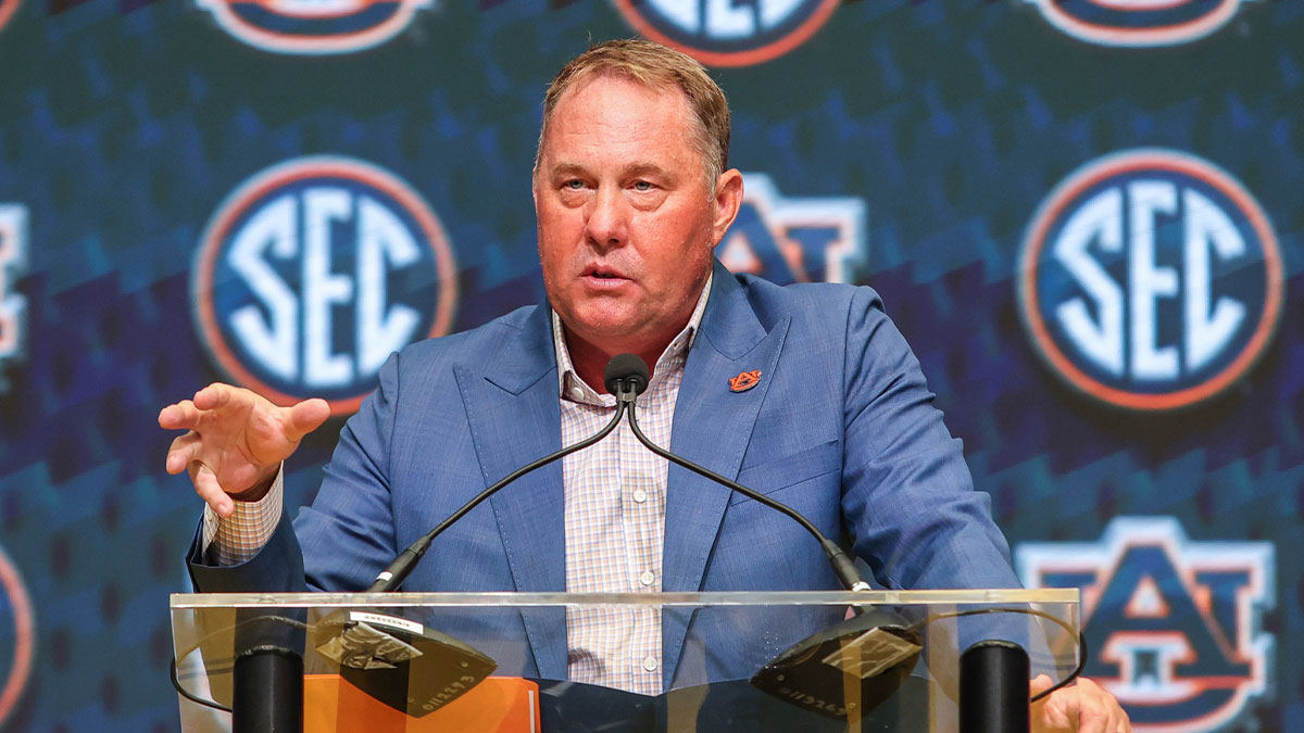 Auburn Tigers head coach Hugh Freeze talks to the media during SEC Media Days at Omni Atlanta Hotel.