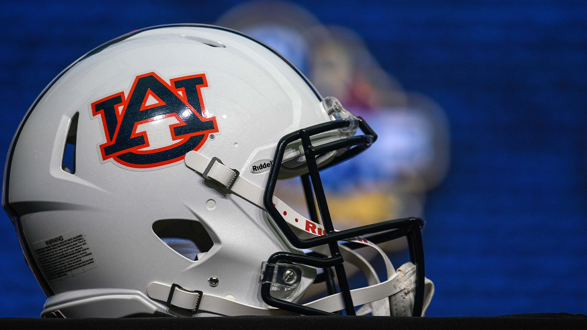 An Auburn Tigers helmet shown on the main stage coach during SEC football media day at the College Football Hall of Fame.