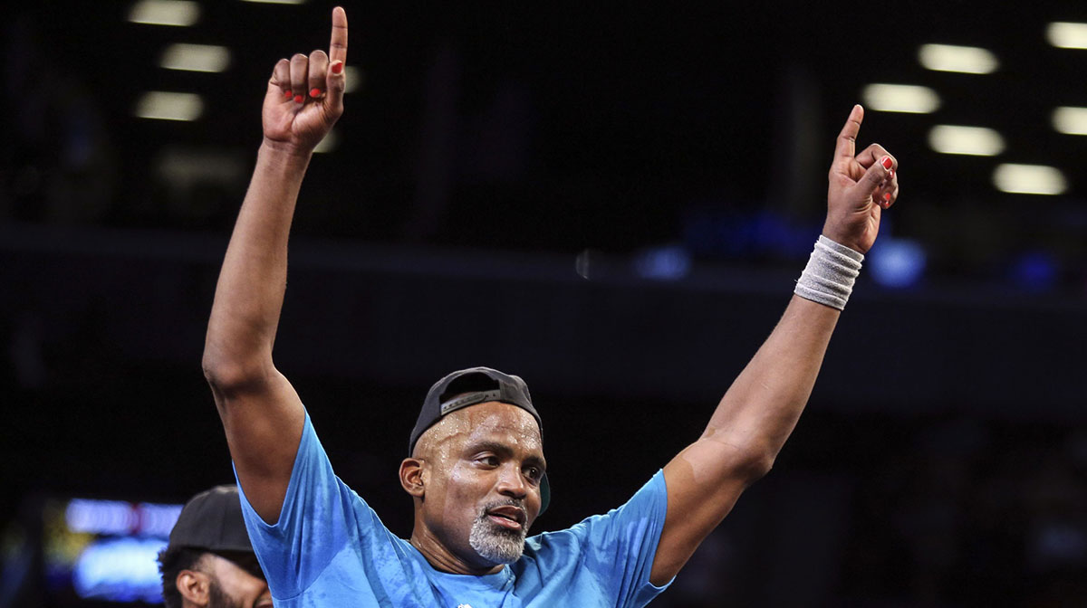 Aug 24, 2018; Brooklyn, NY, USA; The Power player Cuttino Mobley (5) celebrates the 2018 Big 3 Championship after defeating 3's Company at Barclays Center . Mandatory Credit: Wendell Cruz-Imagn Images