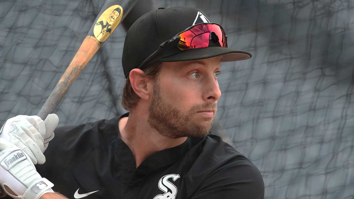 Chicago White Sox right fielder Austin Slater (15) in the batting cage before the game against the Pittsburgh Pirates at PNC Park.