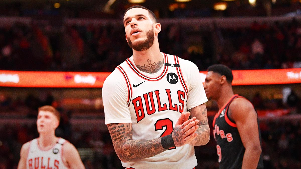 Chicago Bulls guard Lonzo Ball (2) reacts during a game against the Toronto Raptors at the United Center.