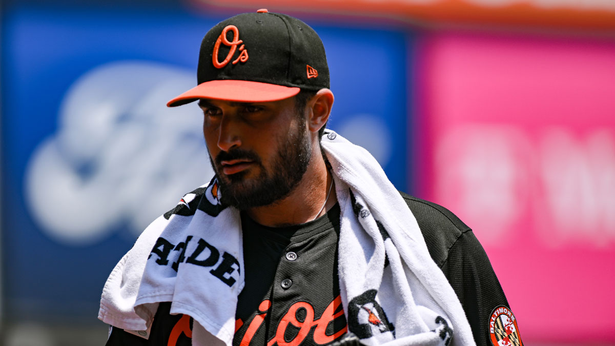 Baltimore Orioles pitcher Zach Eflin (24) heads to the dugout from the bullpen before the game against the New York Yankees at Yankee Stadium.