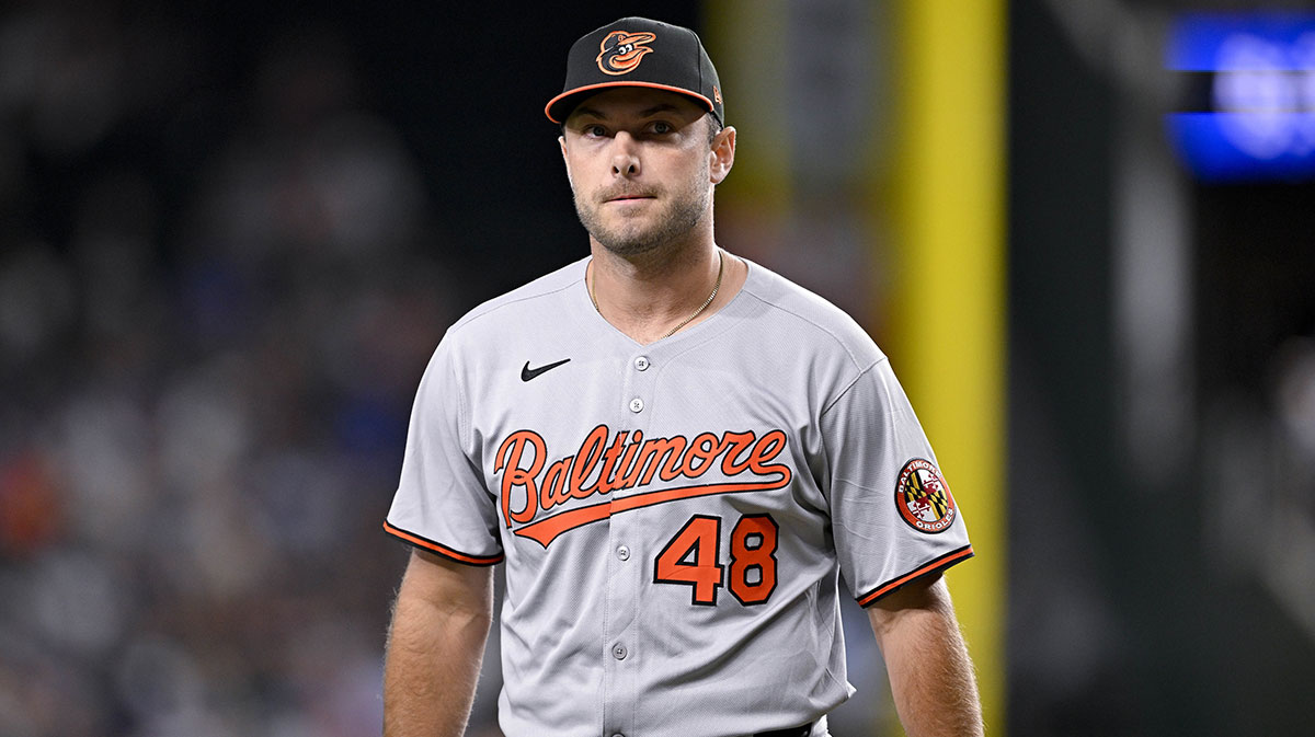 Baltimore Orioles relief pitcher Corbin Martin (48) comes off the field after he pitches during the game between the Texas Rangers and the Baltimore Orioles at Globe Life Field.