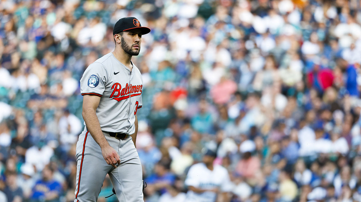 Baltimore Orioles starting pitcher Grayson Rodriguez (30) walks to the dugout following the second inning against the Seattle Mariners at T-Mobile Park