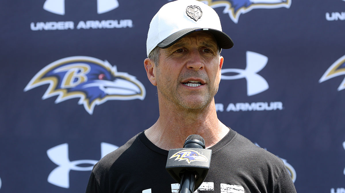 Baltimore Ravens head coach John Harbaugh speaks after an NFL OTA at Under Armour Performance Center.