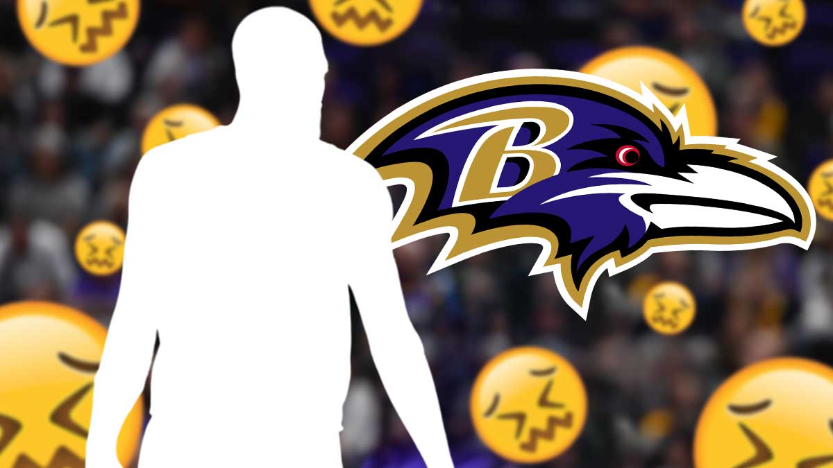 Mystery player in the middle, 😖 emojis around him, Baltimore Ravens logo in the background