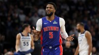 Detroit Pistons guard Malik Beasley (5) reacts during the second quarter against the Minnesota Timberwolves at Target Center.