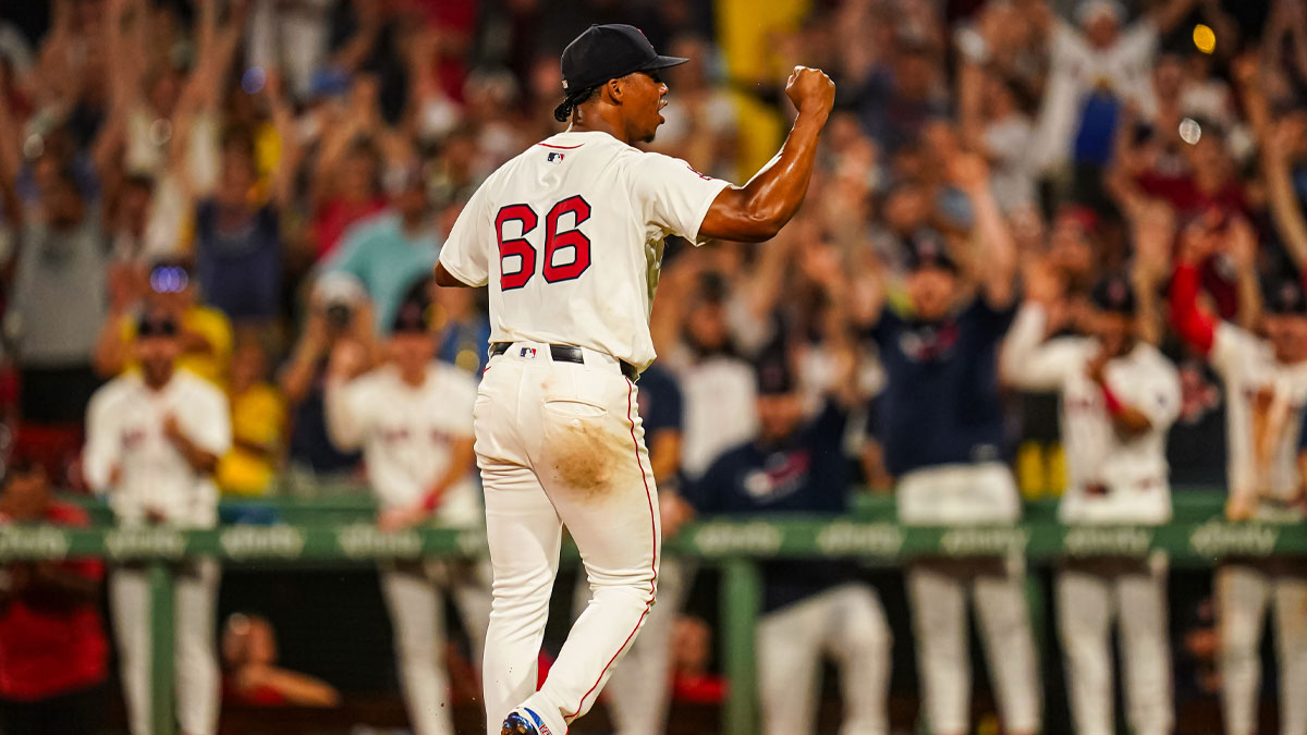 Boston Red Sox pitcher Brayan Bello (66) reacts after making the last out of the game against the Colorado Rockiesin in nine innings at Fenway Park.