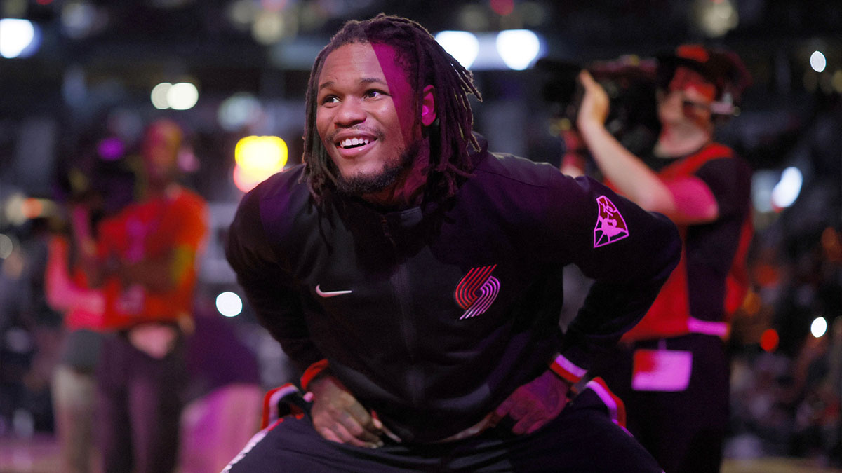 Portland Trail Blazers shooting guard Ben McLemore (23) reacts before a game against the Utah Jazz at Moda Center.