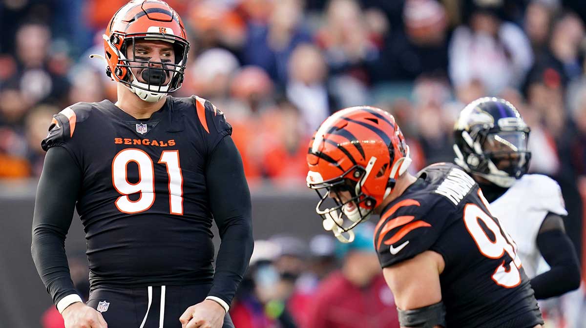 Cincinnati Bengals defensive end Trey Hendrickson (91), left, and Cincinnati Bengals defensive end Sam Hubbard (94) celebrate a sack in the second quarter during a Week 16 NFL game against the Baltimore Ravens.