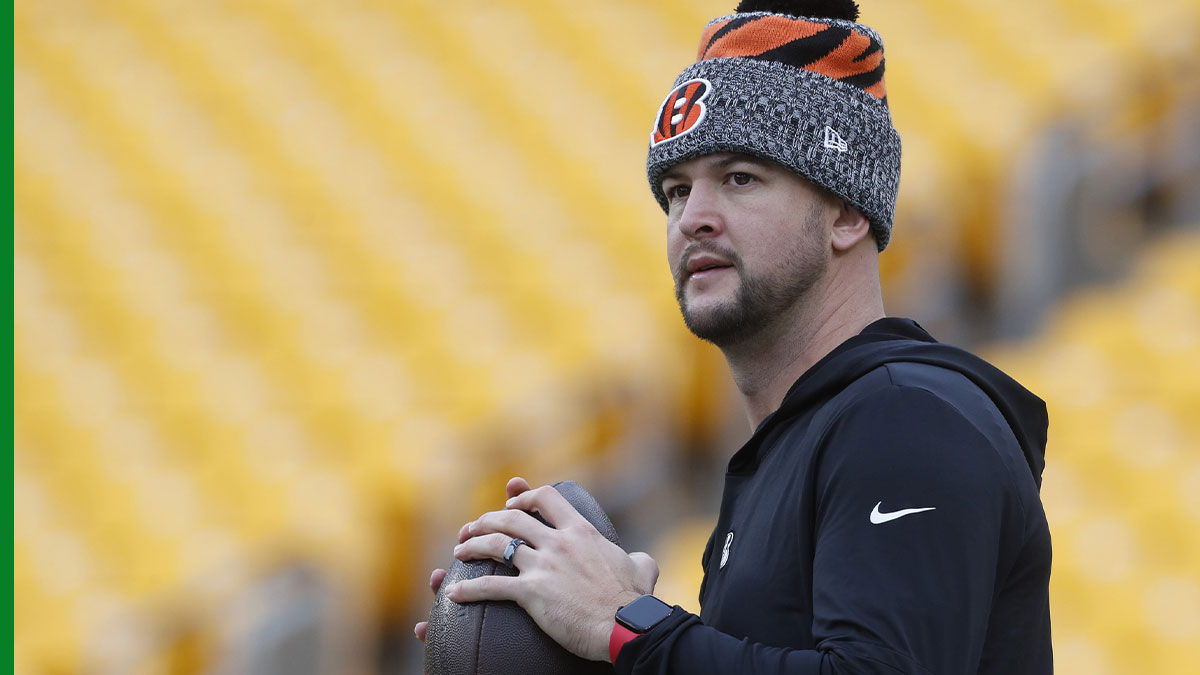 Cincinnati Bengals quarterback AJ McCarron (4) warms up before the game against the Pittsburgh Steelers at Acrisure Stadium.
