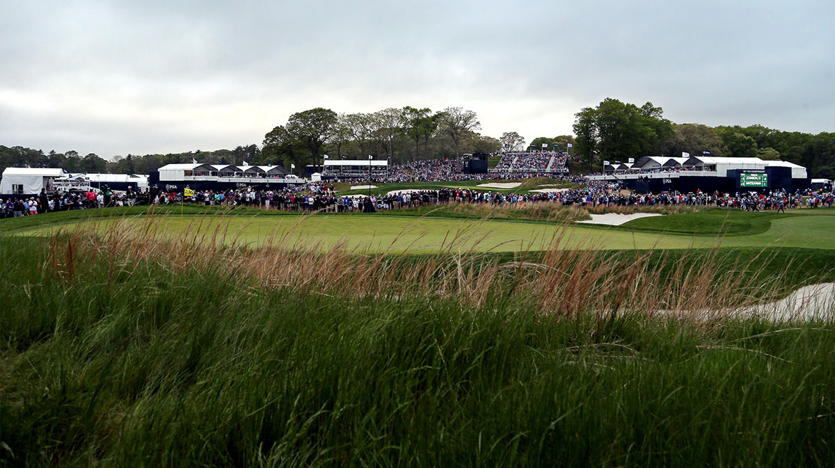 A view of the 16th and 17th greens during the final round of the PGA Championship golf tournament at Bethpage State Park - Black Course.