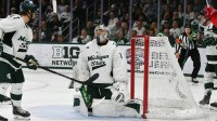 MSU goalie Trey Augustine reacts after Ohio State scores to tie the game, Saturday, March 22, 2025, during the third period of the Big 10 Hockey final at Munn Ice Arena. MSU won 4-3 in double overtime.