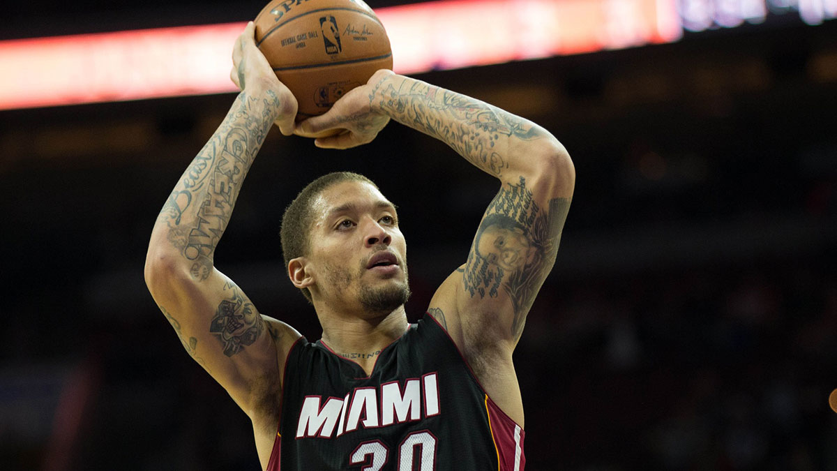 Miami Heat forward Michael Beasley (30) shoots against the Philadelphia 76ers during the second half at Wells Fargo Center. The Heat won 105-101.