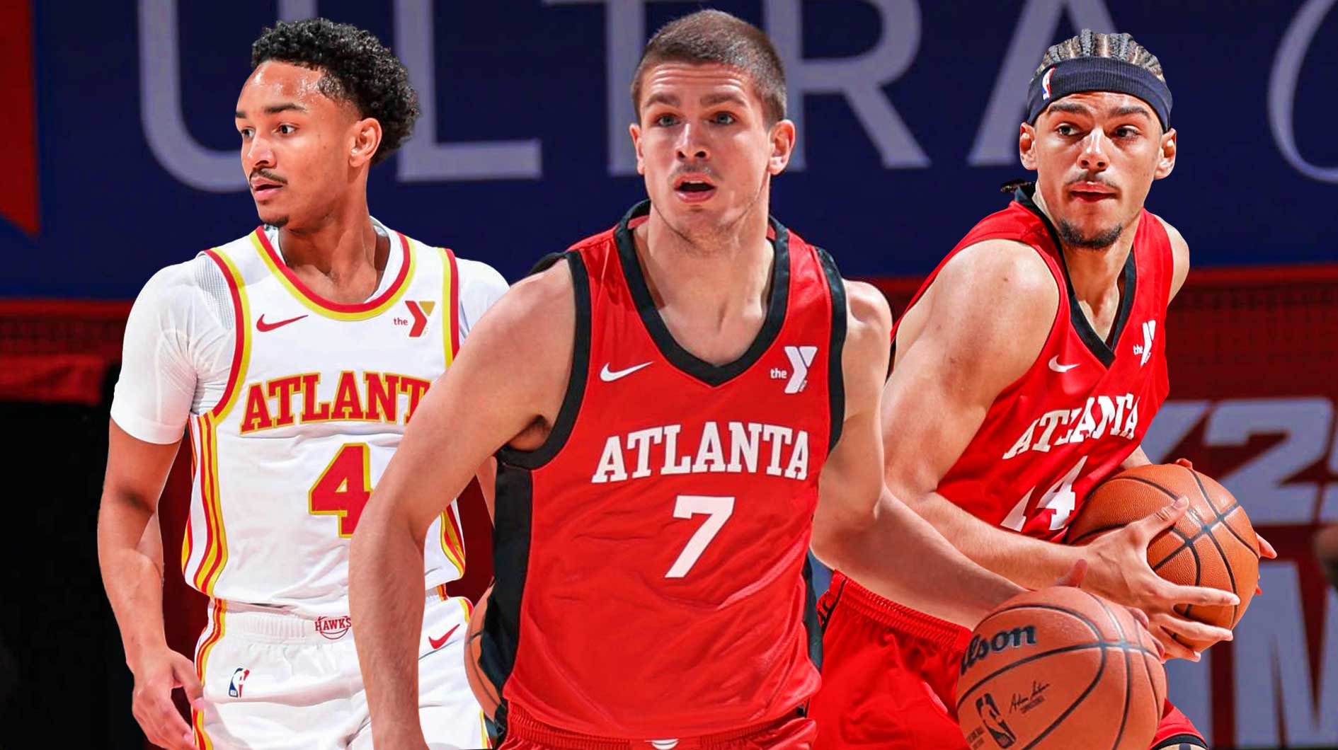 Hawks' Asa Newell, Kobe Bufkin, and Nikola Djurisic all smiling