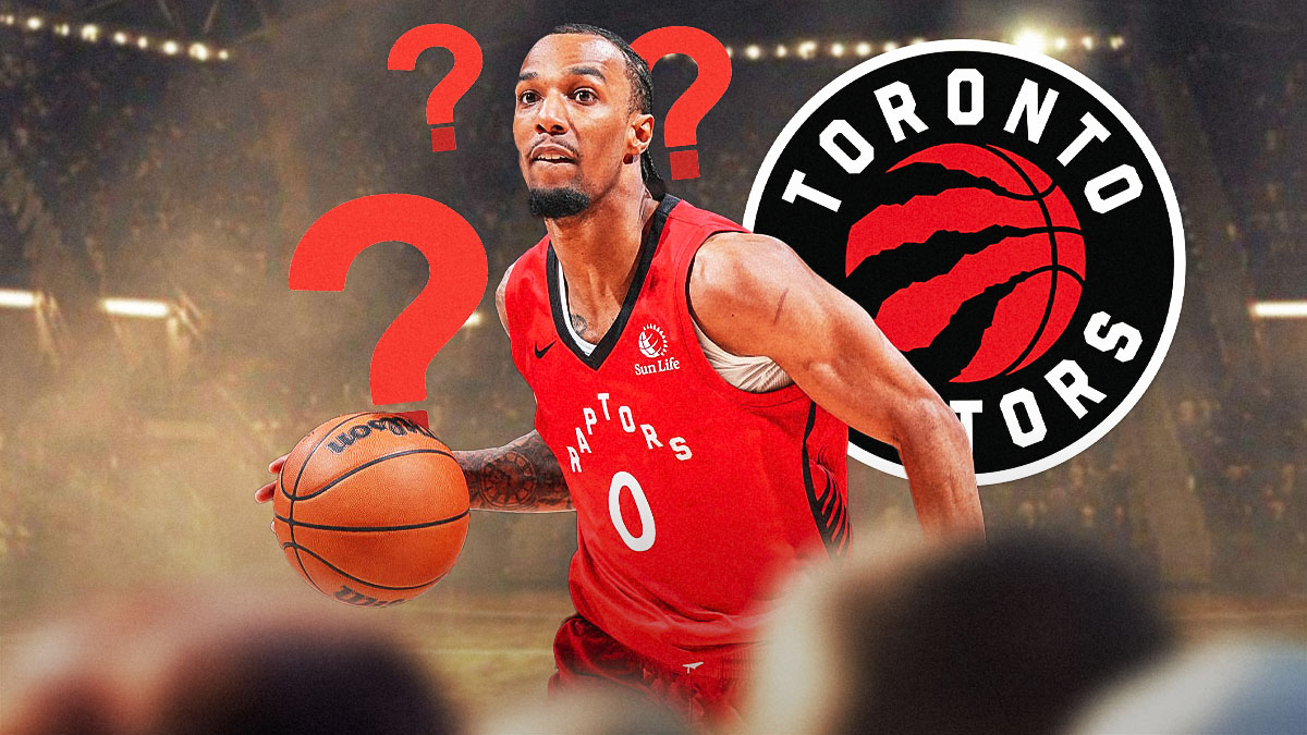 AJ Lawson in the middle, Question marks and Toronto Raptors logo all over the background
