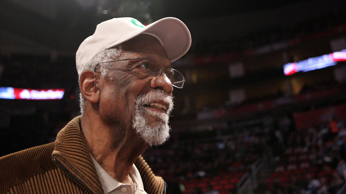 Boston Celtics former center Bill Russell in attendance during the 2013 NBA all star shooting stars competition at the Toyota Center.