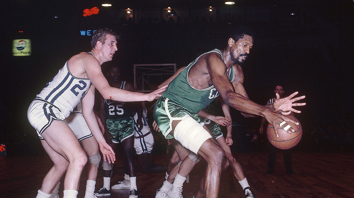 Boston Celtics center Bill Russell (6) in action against Cincinnati Royals center Connie Dierking (24) during the 1966-67 season.