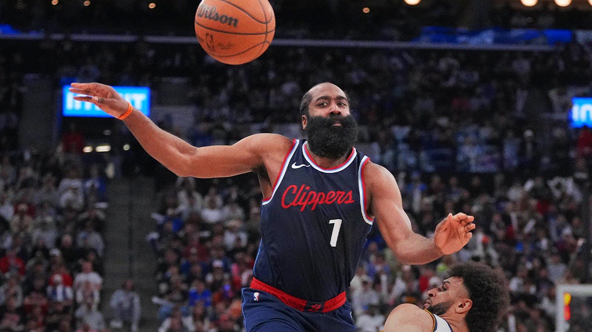 LA Clippers guard James Harden (1) and Denver Nuggets guard Jamal Murray (27) battle for the ball in the second half during game six of first round for the 2025 NBA Playoffs at Intuit Dome.