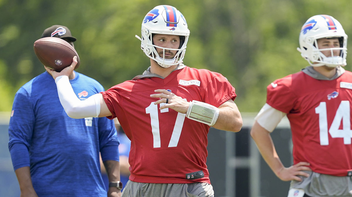Buffalo Bills quarterback Josh Allen (17) throws the ball during Minicamp at Highmark Stadium.