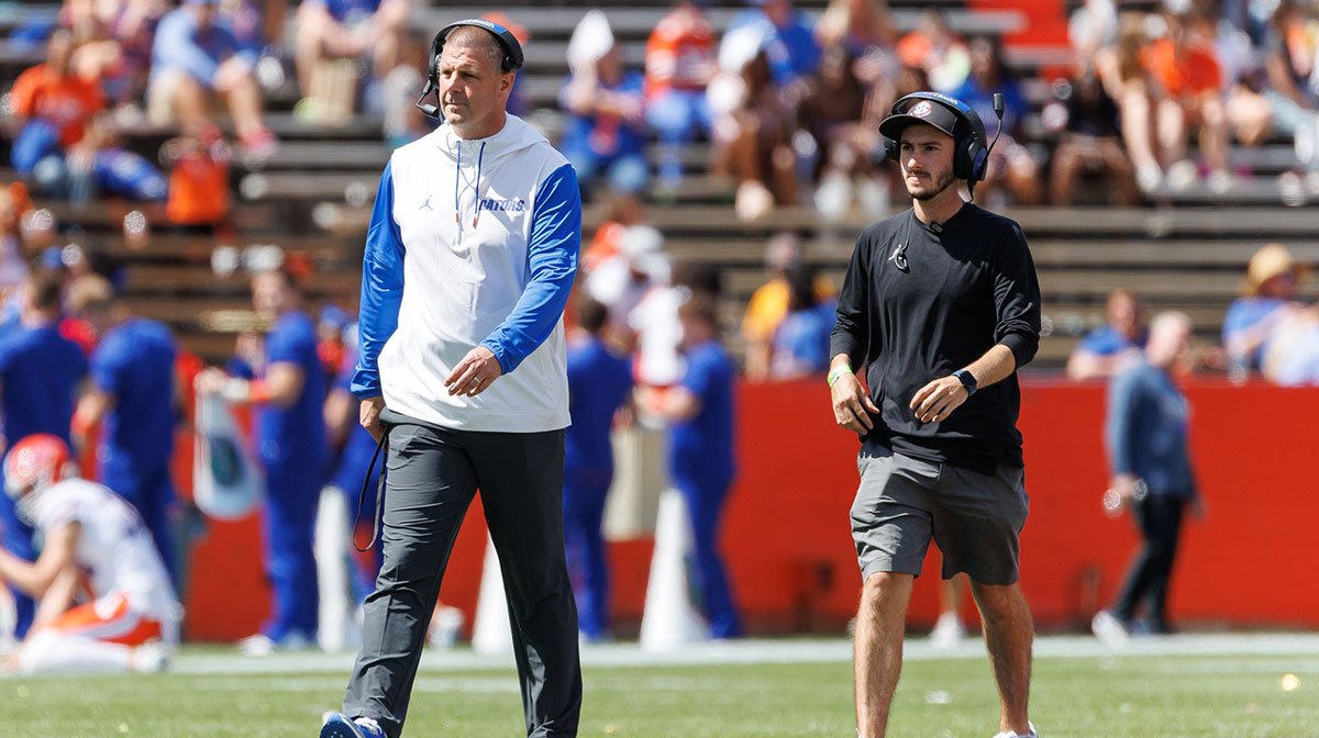 Florida Gators head coach Billy Napier walks on the field during the second half at Ben Hill Griffin Stadium. Mandatory Credit: Matt Pendleton-Imagn Images