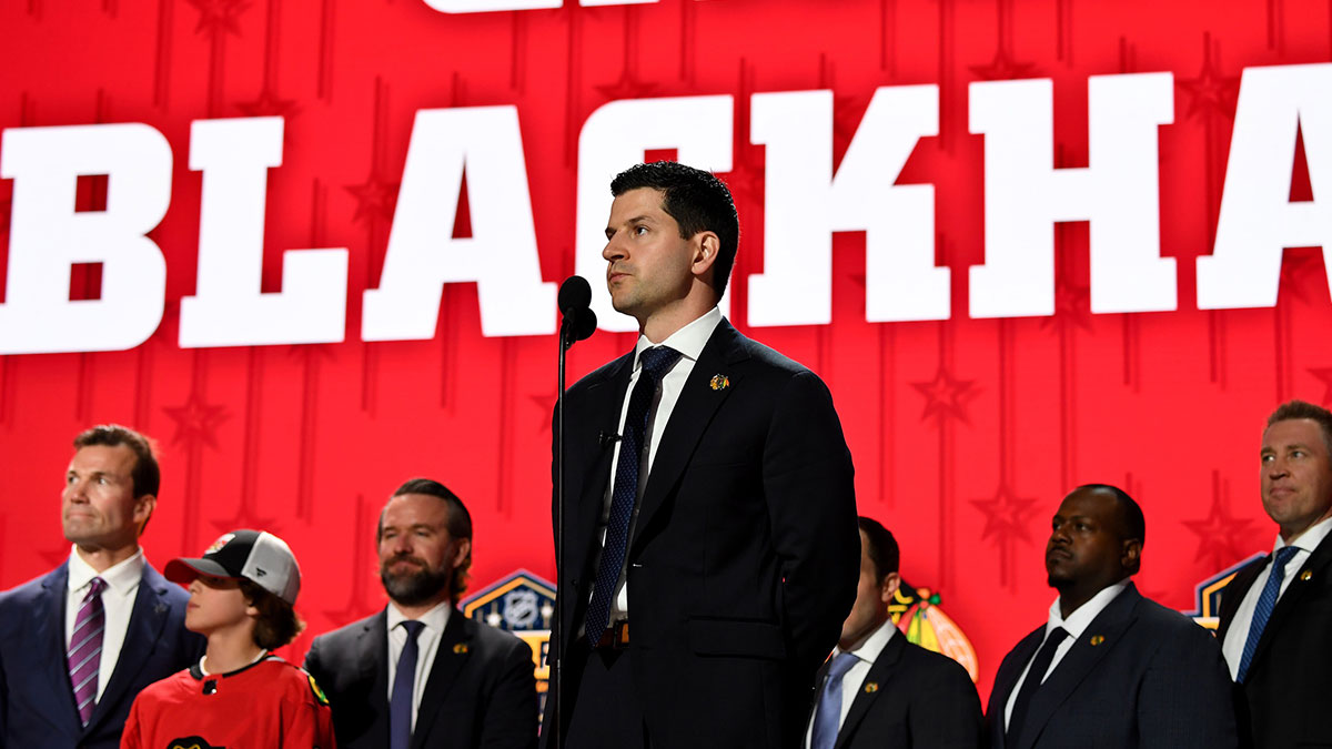 Chicago Blackhawks general manager Kyle Davidson makes the nineteenth pick in round one of the 2023 NHL Draft at Bridgestone Arena.